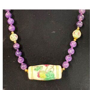 Handcrafted Amethyst Porcelain Artisan Necklace Vintage Ceramic Focal Bead READ